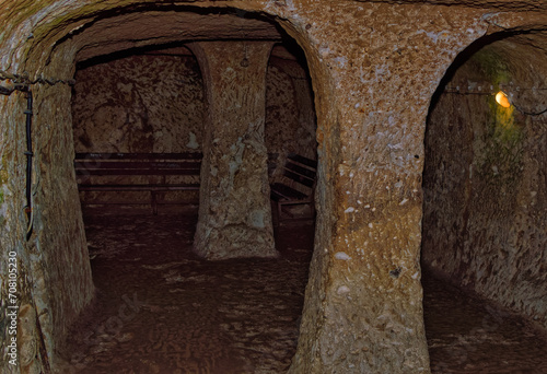 A scene from underground ancient city in Cappadocia, Turkey.