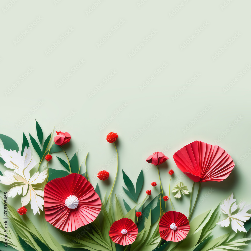 Spring background with a meadow of poppies in origami style
