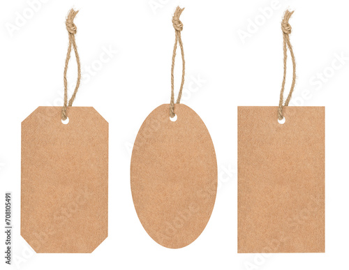 Set of three different shape blank paper tags isolated on transparent background