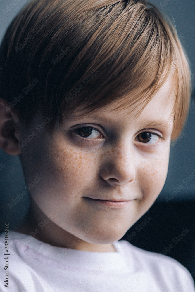 Portrait redhead freckled boy, close-up. Smiling little child. Expressive facial emotions. Selective focus . High quality photo Portrait redhead freckled boy, close-up. Smiling little child. Expressive facial emotions. Selective focus . High quality photo