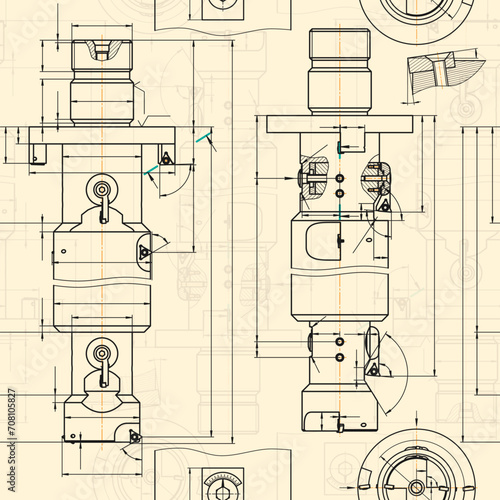 Mechanical engineering drawings on sepia background. Tap tools, borer. Technical Design. Cover. Blueprint. Seamless pattern. Vector illustration.