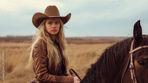 A portrait of a blond girl in a cowboy hat riding a horse, with the prairie in the background.
