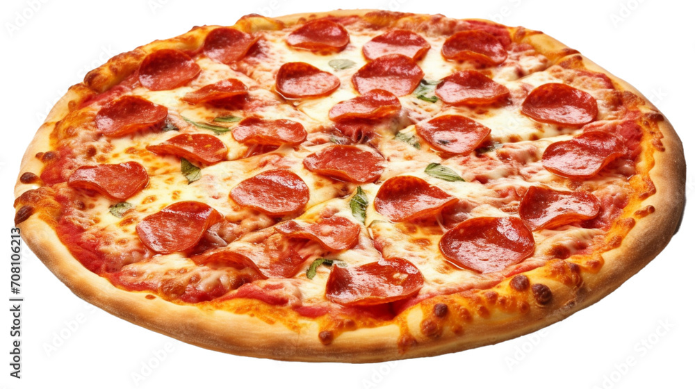  Stunning composition featuring a perfectly baked Pepperoni Pizza, the cheese bubbling and pepperoni crisped to perfection against a clean, white background. 