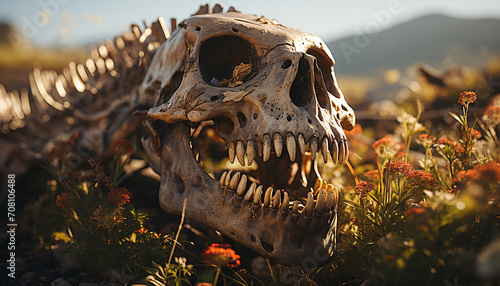 Nature death animal skull, outdoors, bone, teeth, spooky Halloween generated by AI photo