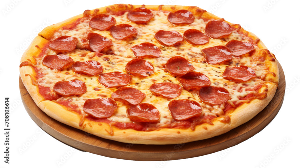 a perfectly baked Pepperoni Pizza, the cheese bubbling and pepperoni crisped to perfection against a clean, white background. 