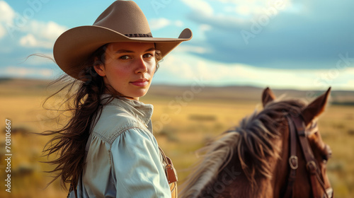 A portrait of a brunette girl in a cowboy hat riding a horse, with the prairie in the background. © Roxy jr.
