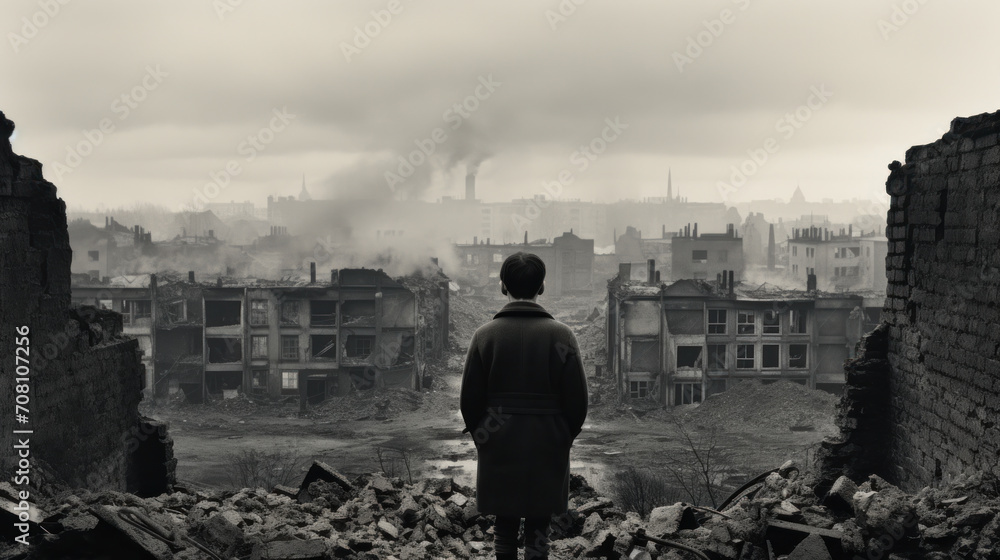 A solitary figure stands before the fog-veiled ruins, a silent testament to the somber aftermath of urban decay A solitary figure stands before the fog-veiled ruins, a silent testament to the somber aftermath of urban decay