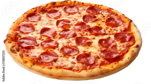 Vibrant and flavorful Pepperoni Pizza, captured up close to emphasize the mouthwatering blend of cheese, pepperoni, and crust against a pure white background. 
