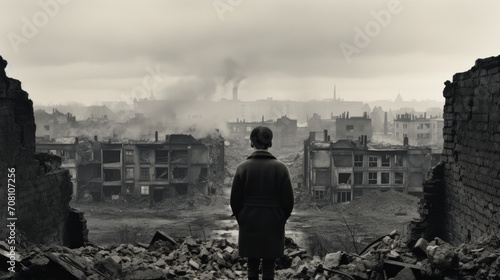 A solitary figure stands before the fog-veiled ruins, a silent testament to the somber aftermath of urban decay