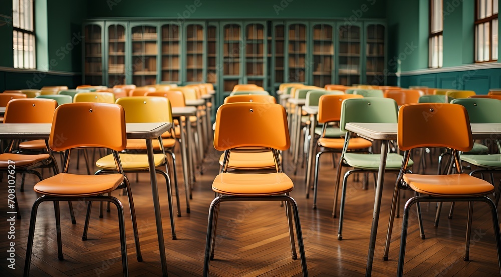 classroom with rows of empty chairs, in the style of light orange and dark green, vintage-inspired, spot metering, use of common materials, schoolgirl lifestyle, light yellow and dark maroon. classroom with rows of empty chairs, in the style of light orange and dark green, vintage-inspired, spot metering, use of common materials, schoolgirl lifestyle, light yellow and dark maroon.