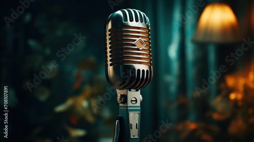 A classical retro microphone on the stage, generative AI photo