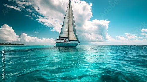An elegant sailboat cruising through shimmering turquoise waters, under a bright blue sky with fluffy clouds, and a tropical island paradise visible in the distance.