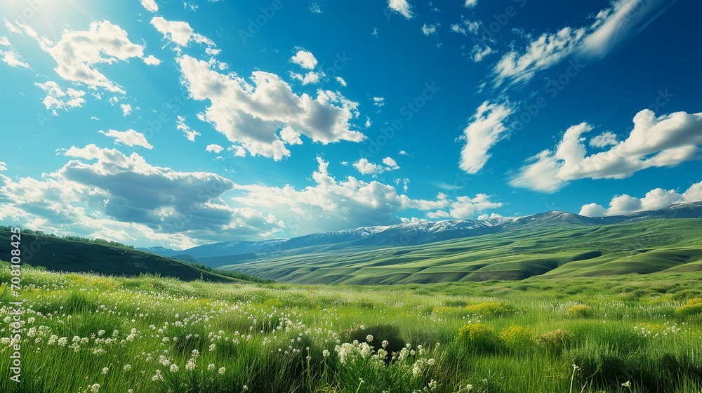 An expansive panorama of a green meadow dotted with wildflowers, under a vast sky of brilliant blue and scattered clouds, with a dramatic mountain range gracefully lining the horizon.