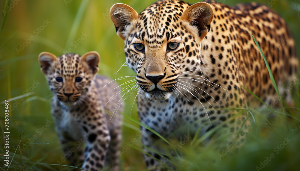 Majestic cheetah walking in African savannah, staring generated by AI Majestic cheetah walking in African savannah, staring generated by AI
