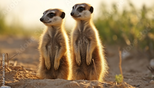 Cute meerkat family standing, watching, alert in Africa generated by AI