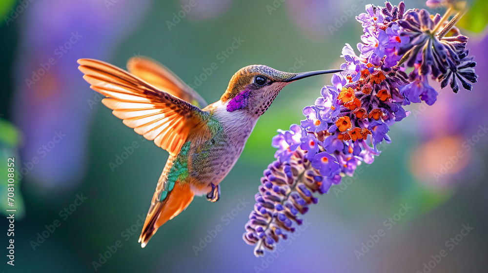 Fototapeta premium Hummingbird on a Flower Nectar Nature Wallpaper Background Poster Illustration Digital Art Cover Card
