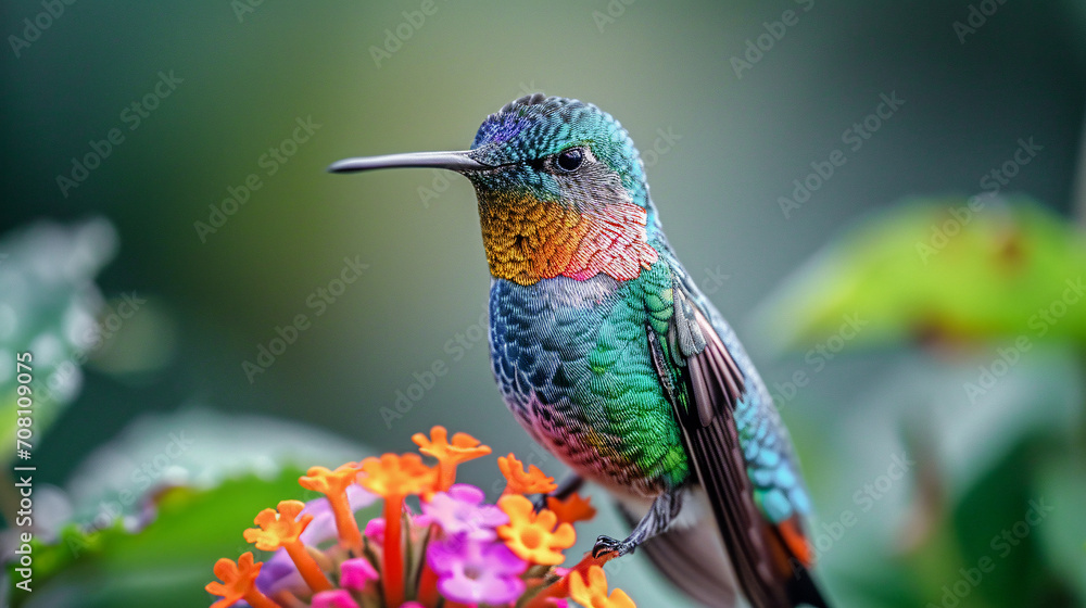 Fototapeta premium Hummingbird on a Flower Nectar Nature Wallpaper Background Poster Illustration Digital Art Cover Card