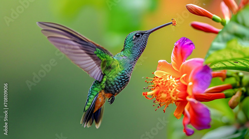 Hummingbird on a Flower Nectar Nature Wallpaper Background Poster Illustration Digital Art Cover Card