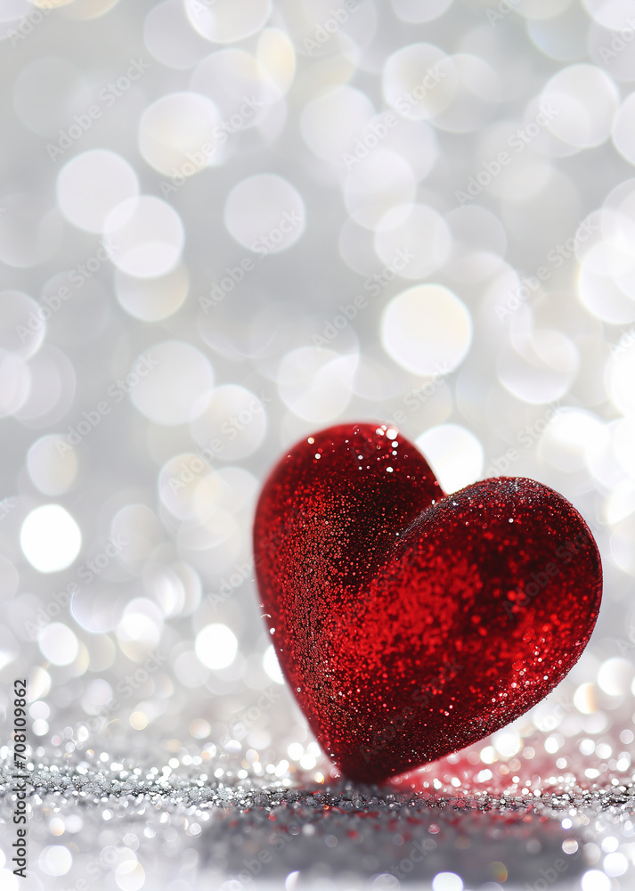 Red heart on silver white background with bokeh sparkles. Poster or invintation for Valentine's Day event or party. Website header or banner with copy space.