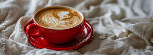 A red coffee cup with latte art, on white textile background, surrounded by coffee beans and lights. Poster, invintation for Valentine's Day event or party. Website or banner with copy space photo
