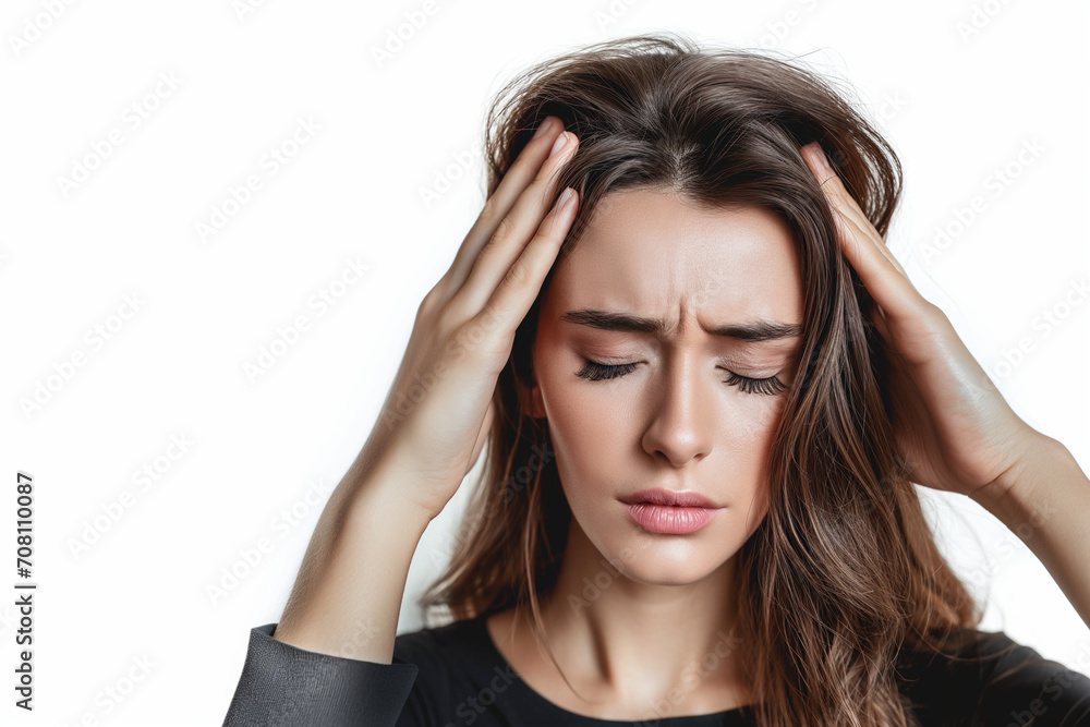 Woman with migraine holding her head and experiencing pain on white background Woman with migraine holding her head and experiencing pain on white background