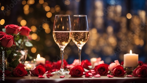Champagne glasses with roses and candles, love concept