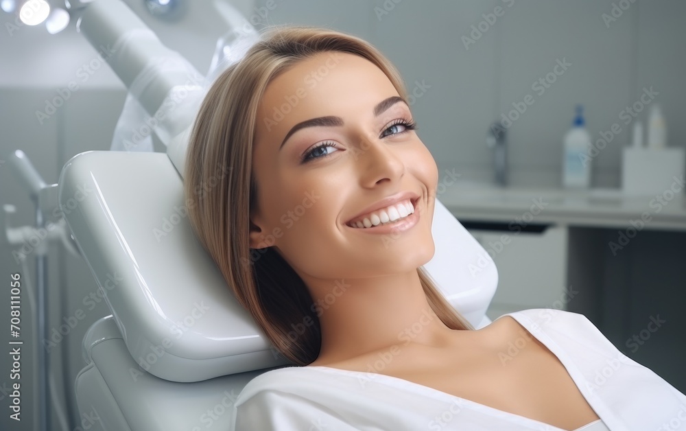 A happy young woman patient in a modern bright dental clinic A happy young woman patient in a modern bright dental clinic