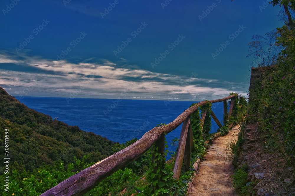 
Cinque Terre views of hiking trail along seaside villages on the Italian Riviera coastline. Liguria, Italy, Europe. 2023 Summer. 