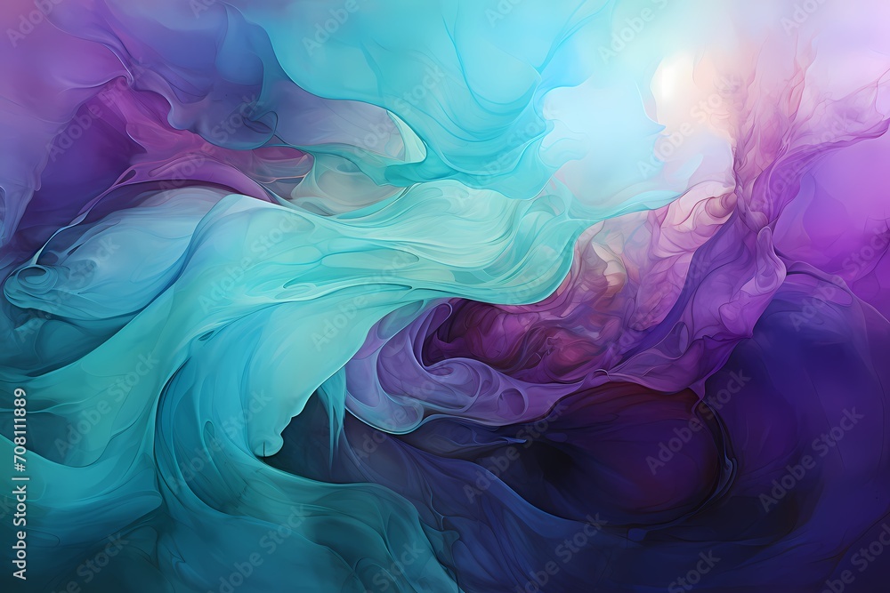Iridescent lavender and deep emerald green liquids converging into a dreamy abstraction