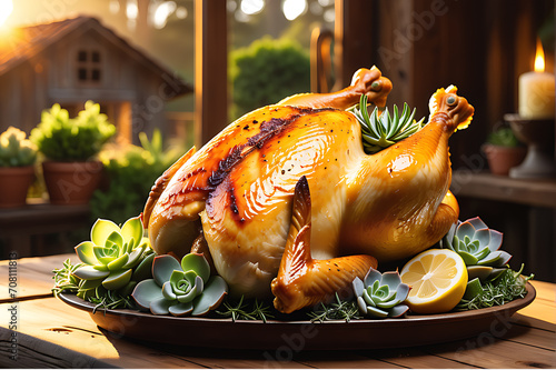 Culinary Masterstroke: Succulent Roasted Chicken Centered on a Rustic Wooden Table, Artfully Adorned with Herbs and Lemon Slices photo