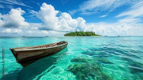 An idyllic view of a small wooden boat floating in the crystal-clear turquoise waters, under a sunny blue sky with white, fluffy clouds, and a green, vibrant tropical island in the background © SardarMuhammad