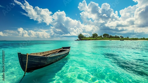 An idyllic view of a small wooden boat floating in the crystal-clear turquoise waters, under a sunny blue sky with white, fluffy clouds, and a green, vibrant tropical island in the background
