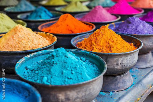 Vibrant Holi Powder Colors in Bowls Close-Up. Close-up of colorful Holi powder in large bowls, showing off a variety of vibrant hues. Horizontal photography