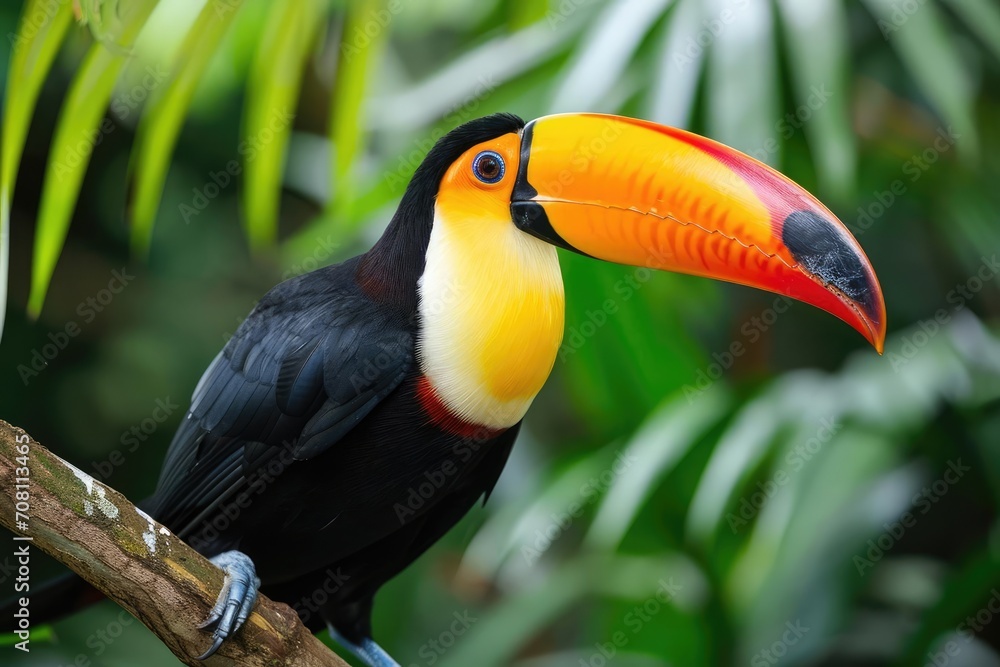 Colorful toucan perched on a lush tropical branch Colorful toucan perched on a lush tropical branch