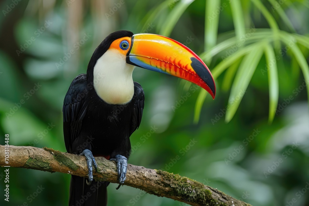 Naklejka premium Colorful toucan perched on a lush tropical branch