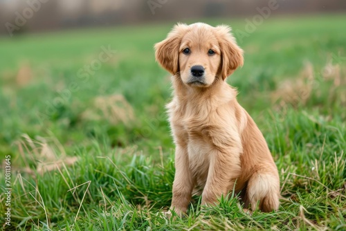 A golden retriever puppy sitting in a grassy field Looking at the camera with a playful expression