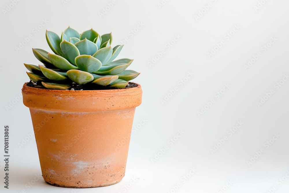 A small succulent plant in a terracotta pot against a white background A small succulent plant in a terracotta pot against a white background