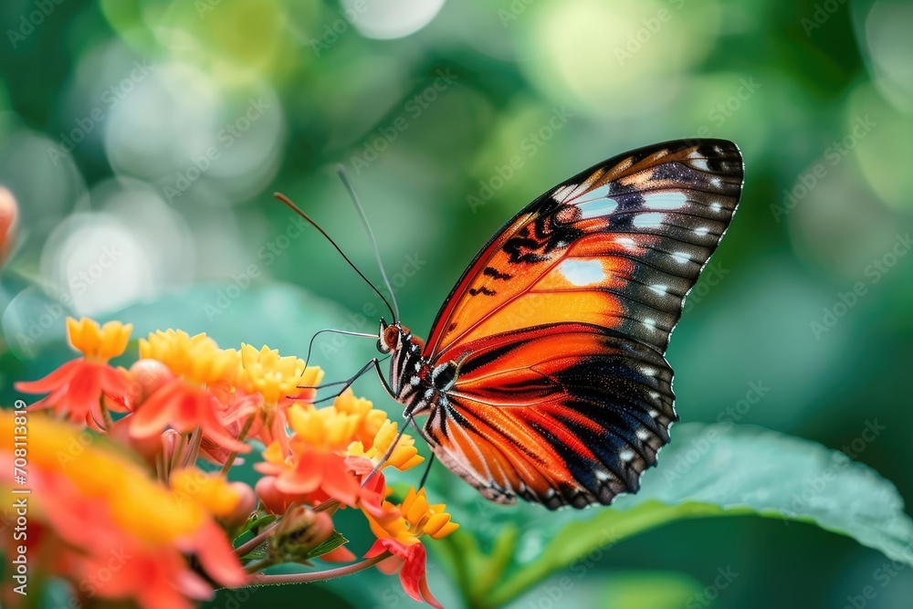 Fototapeta premium A vibrant butterfly perched on a flower in a garden