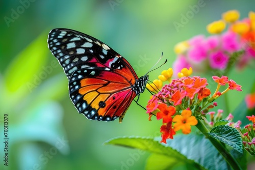 A vibrant butterfly perched on a flower in a garden