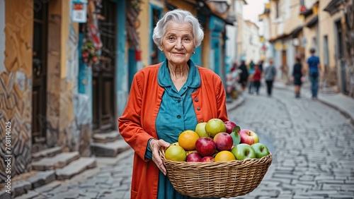 An elderly woman holding a basket of fruits