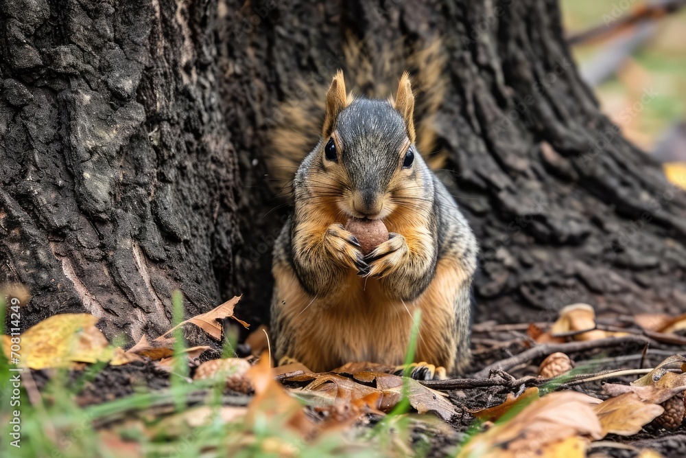 Curious squirrel nibbling on an acorn under a tree Curious squirrel nibbling on an acorn under a tree