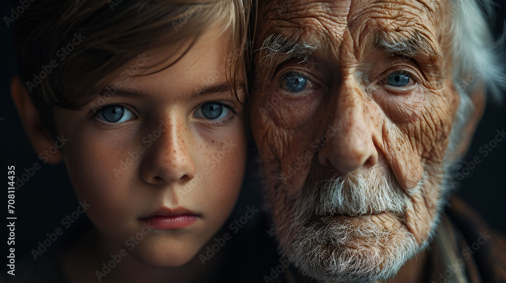 abstract photo showing age, reality of life,  yesterday and tomorrow, younghood and old age, young boy with old man