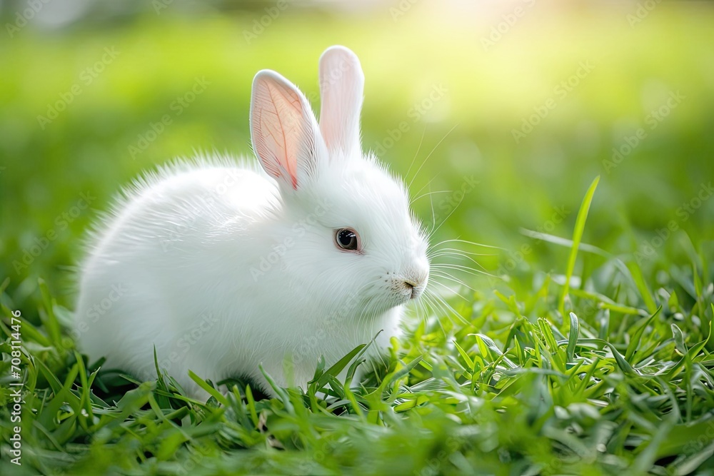 Fluffy white rabbit in a green grassy field Fluffy white rabbit in a green grassy field