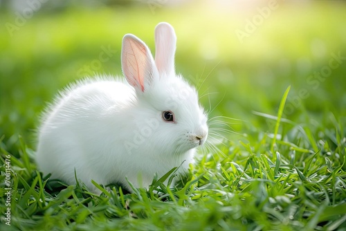Fluffy white rabbit in a green grassy field