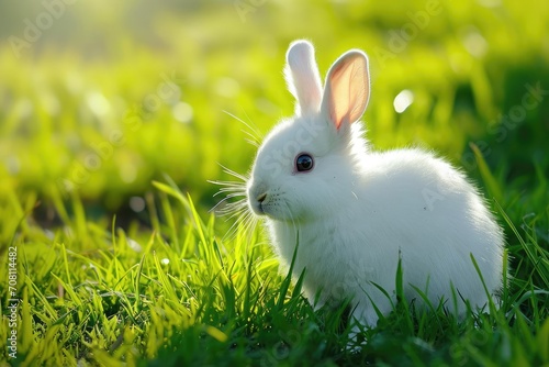 Fluffy white rabbit in a green grassy field