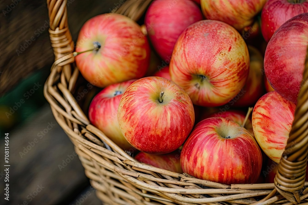 Freshly picked apples in a rustic wicker basket Freshly picked apples in a rustic wicker basket