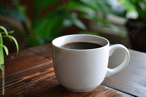 Freshly brewed black coffee in a white ceramic mug