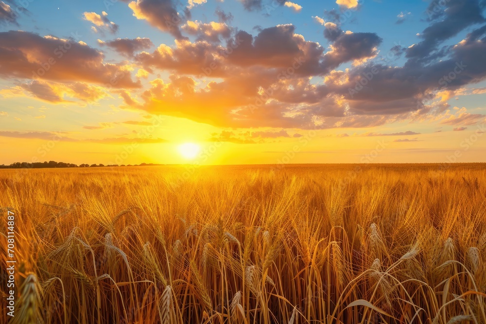 Golden wheat field under a vibrant sunset