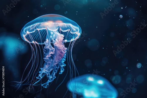 Glowing jellyfish gracefully floating in deep ocean waters