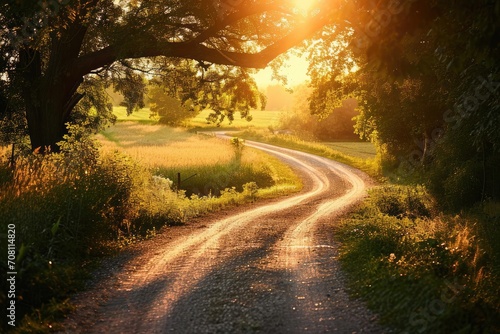 Golden hour sunlight illuminating a peaceful country road